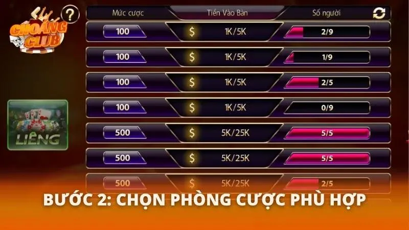 Danh sách phòng Liêng tại Choáng Club